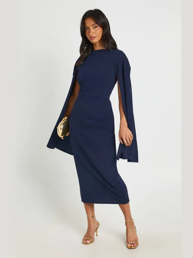 boohoo Dames Petite Midi Bodycon Jurk Met Cape Mouwen Marineblauw