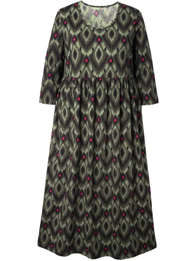 Ulla Popken Dames - Jersey maxi-jurk A-lijn ronde hals 3/4-mouwen - Olijfgrijs - Maat 54+