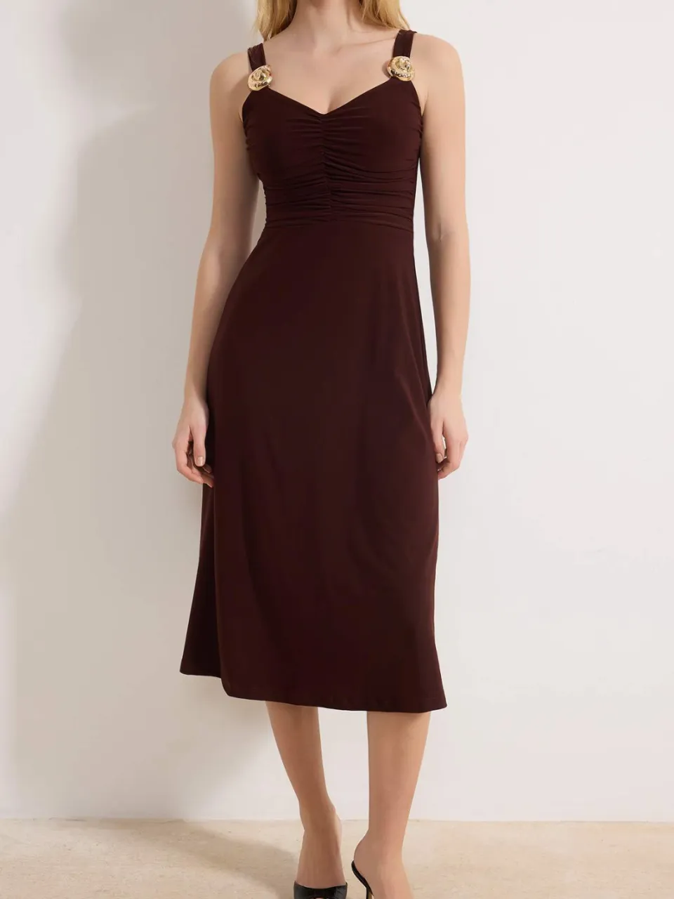 Turkishsouq Platte, mouwloze midi-jurk voor dames, geschikt voor overdag en 's avonds. Nauwsluitende bodycon-jurk. bruin, foto 2