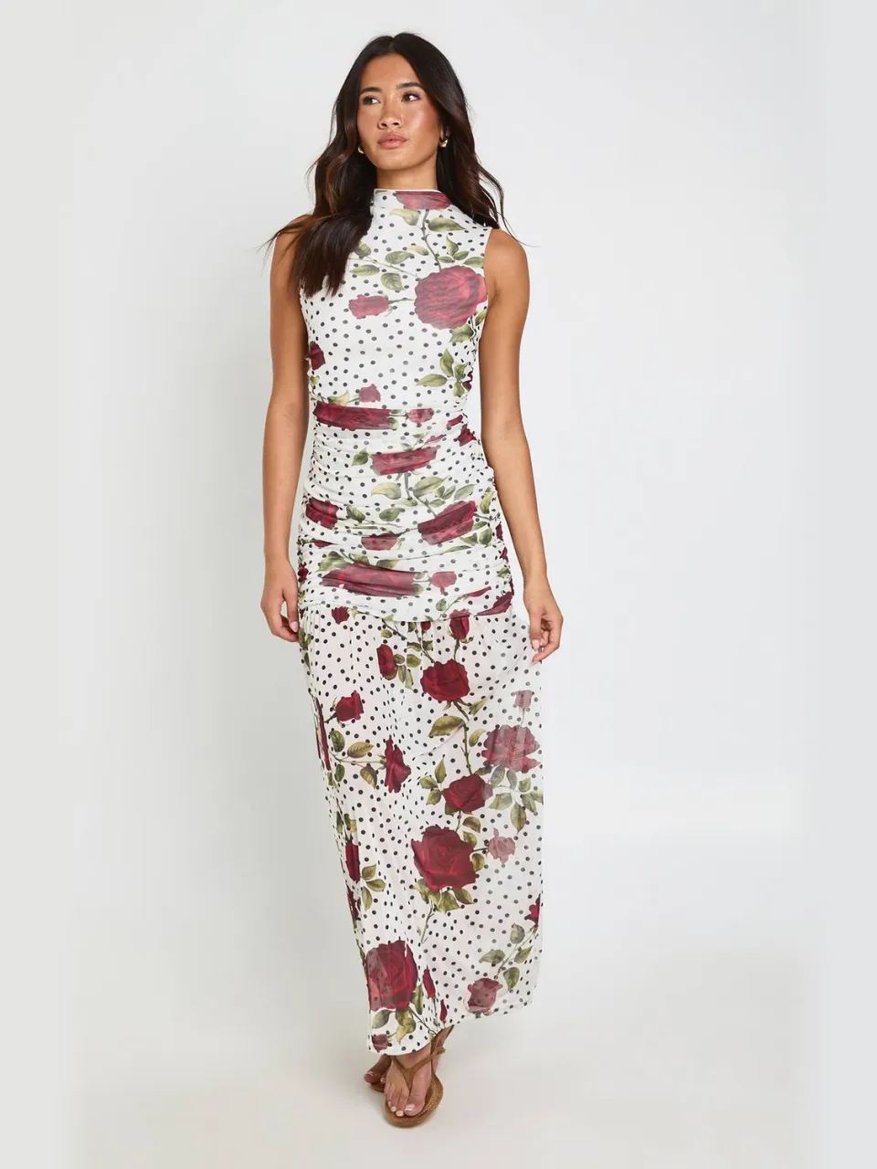 boohoo Dames Gebloemde Polkadot Maxi Jurk Met Gerimpeld Lijfje ivoor, foto 3