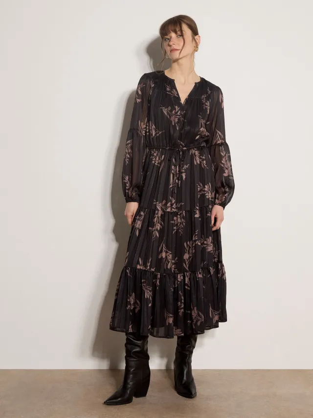 Apricot Midi-jurk met bloemenprint en metallic glans Zwart