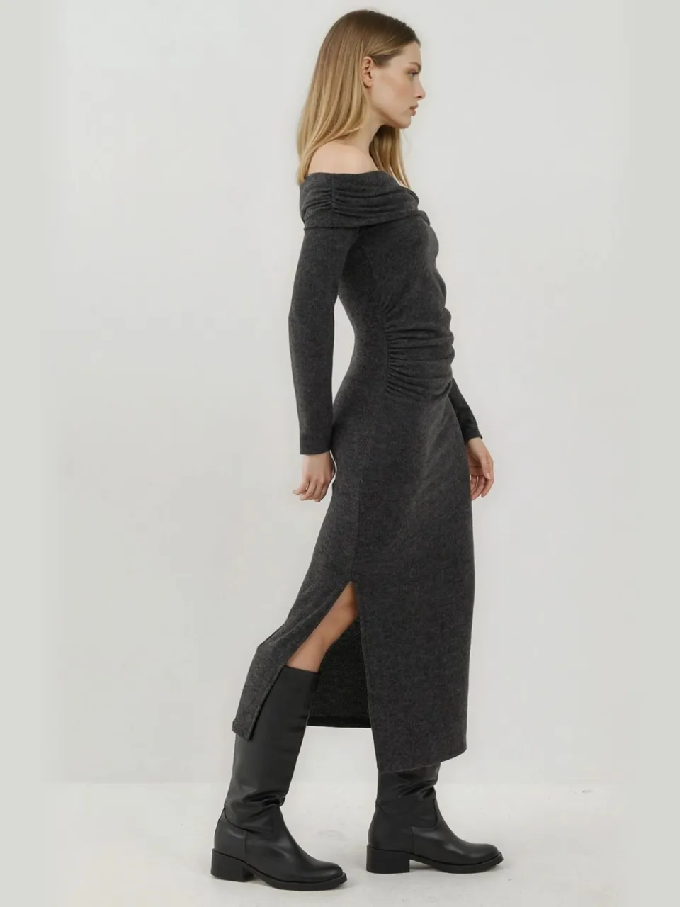 Hiccup Gestructureerde Strapless Midi-jurk met Split donkergrijs, foto 2