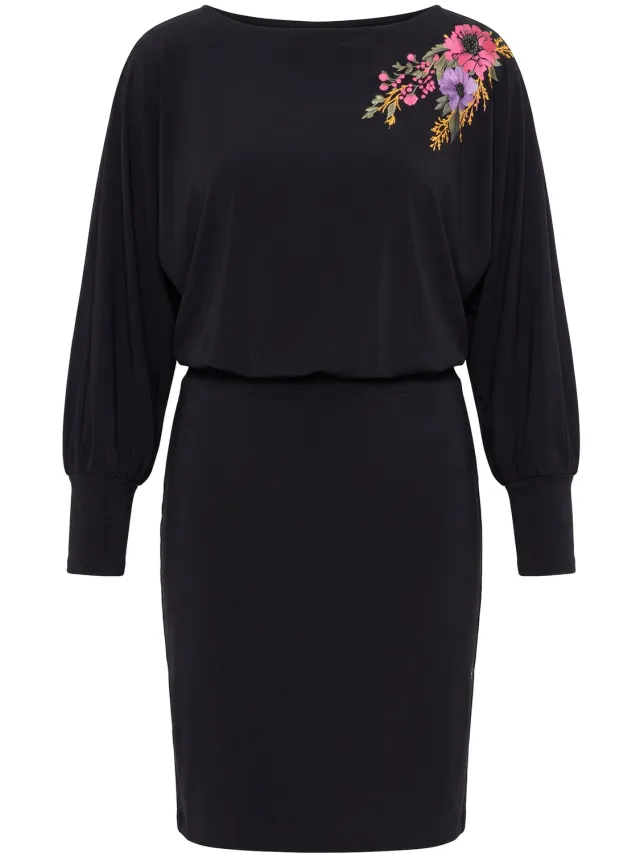 MIAMODA Dames - Midi-jurk van jersey losvallend bovenstuk 3D-print boothals - Zwart
