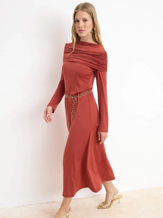 Trendyol Modest Dames Bruin Effen Maxi Lang Stijlvol/Avond A-lijn Modest Avond Jurken