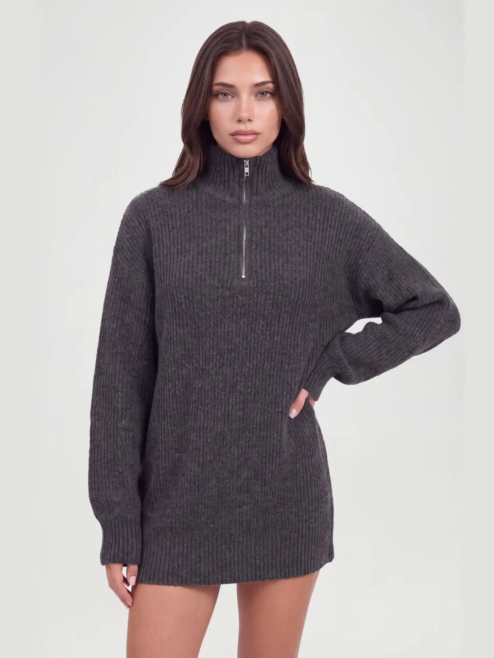boohoo Dames Zachte Gebreide Oversized Trui-jurk Met Ritskraag houtskool, foto 4