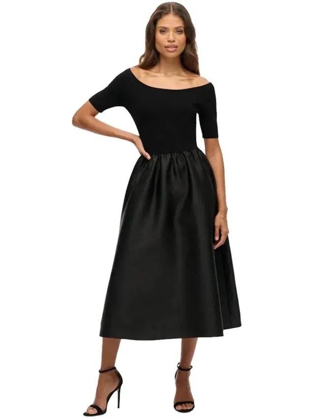 Superdry Lbd Woven Mix Midi-jurk Met Korte Mouwen Zwart L Vrouw Black