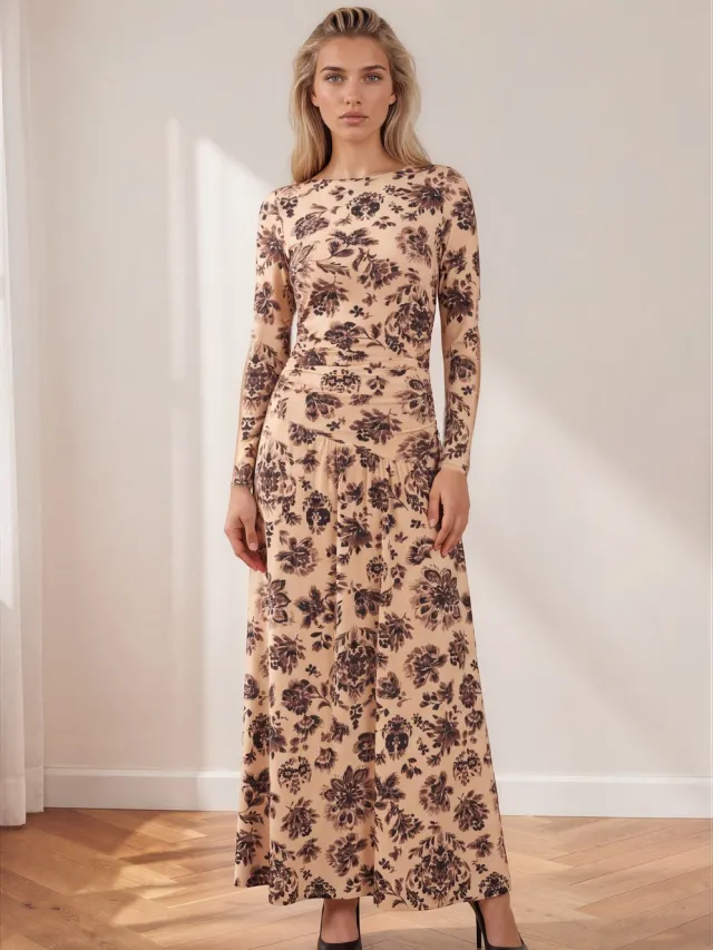 Mi Piace Travel Dress Light Ornamental Flowers Print 202867 Sand - Maat :