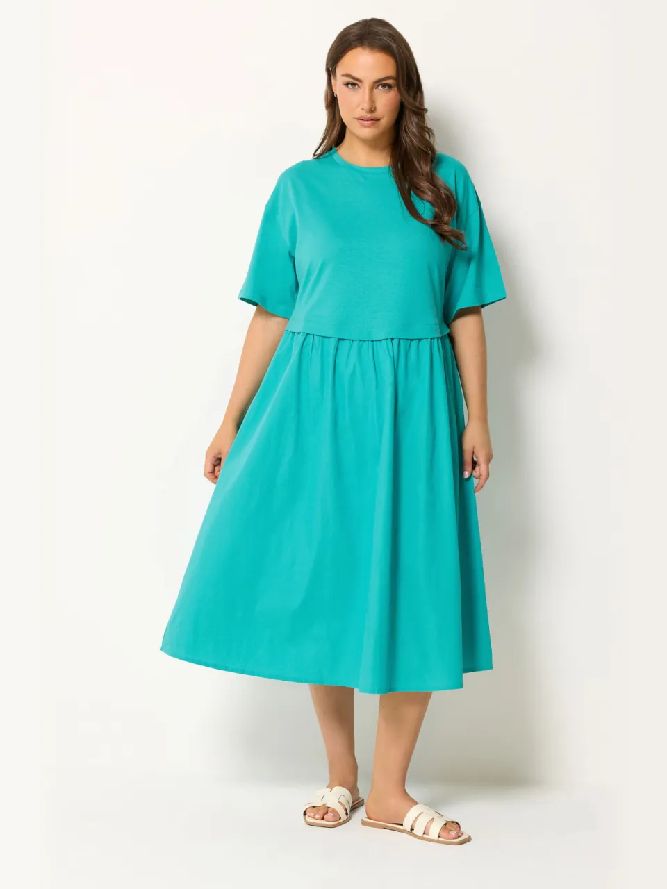 Yours Turquoise Blauw Poplin Tshirt Midijurk-56, foto 2