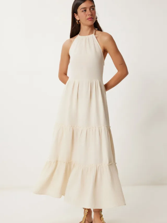 Happiness Istanbul Rimpelige Halternek Maxi Jurk Crème