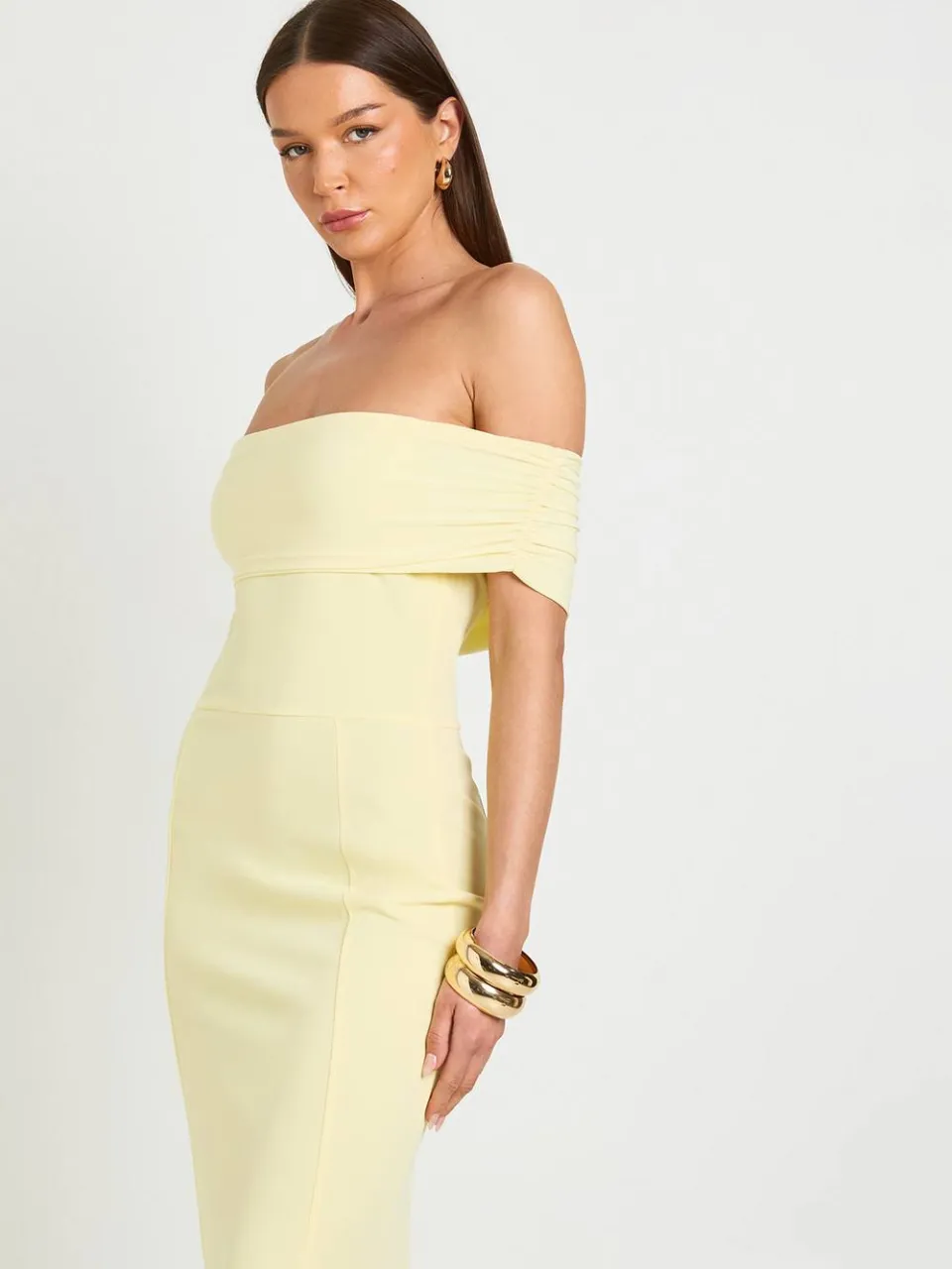 boohoo Dames Geplooid Bardot Vloeiende Maxi Jurk citroen, foto 3