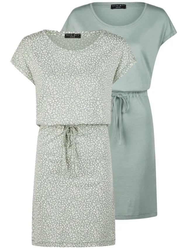 DENIMFY Dames Jurk DFBella regular fit Groen S Ronde Hals Volwassenen Zomerjurk All-over print