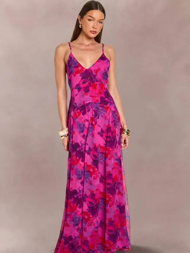 boohoo Dames Bandjes Cami Vloerlange Bloemen Maxi Jurk Felroze