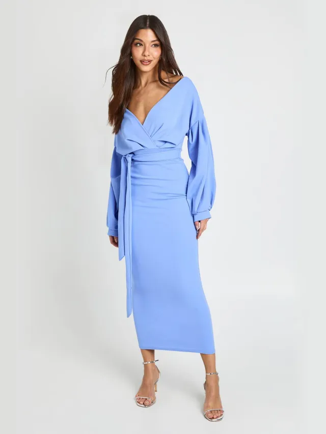 boohoo Dames Off-shoulder Wikkel Midaxi Jurk Met Voorpand Pastelblauw