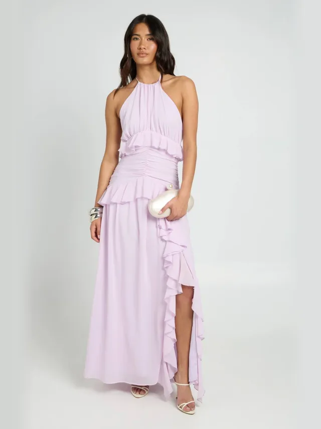boohoo Dames Halternek Chiffon Maxi Jurk Met Ruche Details Lila