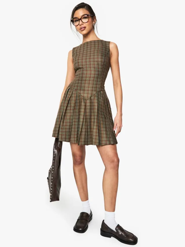 boohoo Dames Check Geruite Geplooide, Op Maat Gemaakte Jurk Multicolor
