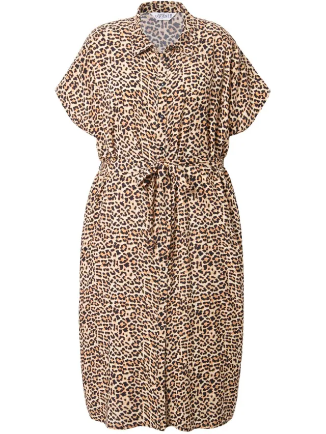 Studio Untold Dames - Midi-jurk blouseachtige style color-leo strikceintuur - Lichtbeige - Maat 46+