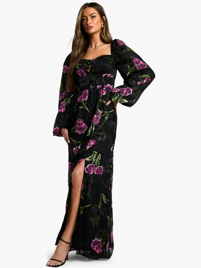 boohoo Dames Bloemen Burnout Milkmaid Maxi Jurk Zwart