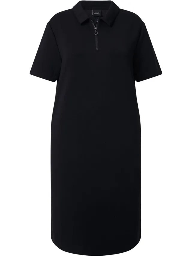Ulla Popken Dames - Sweatjurk polokraag rits korte mouwen modalmix - Zwart - Maat 54+