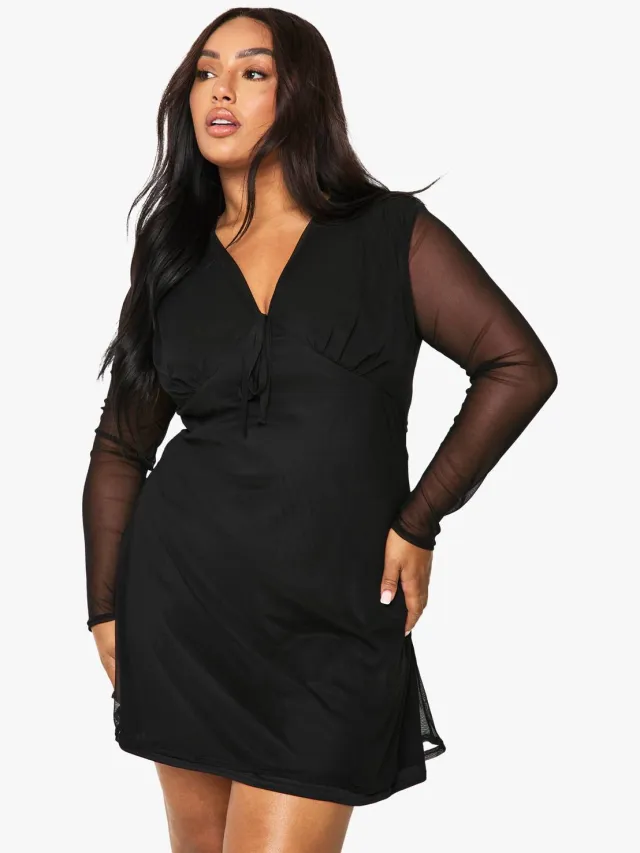boohoo Dames Plus Tie Bust Mesh Skater Jurk Black