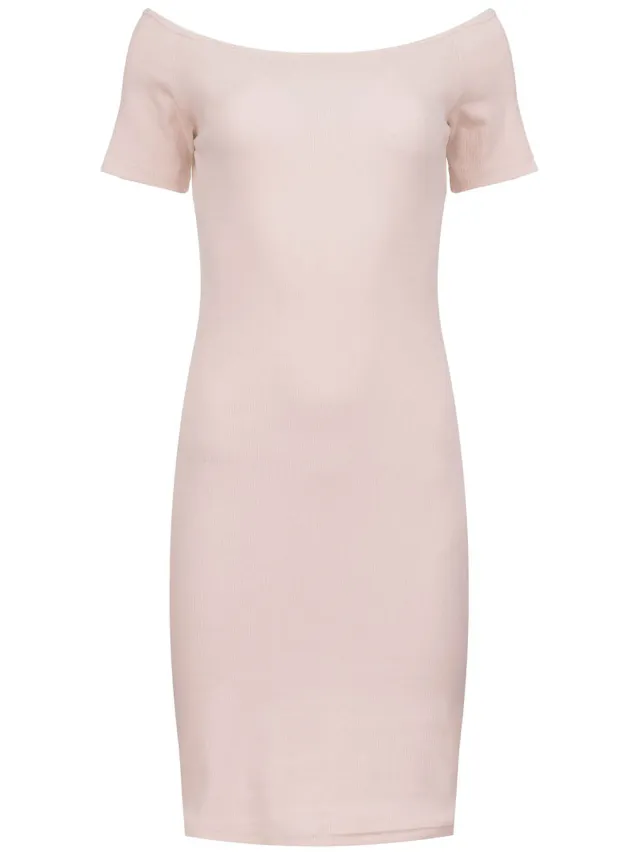 Conquista Zacht Blush Roze Off-Shoulder Nauwsluitende Jurk Rosé