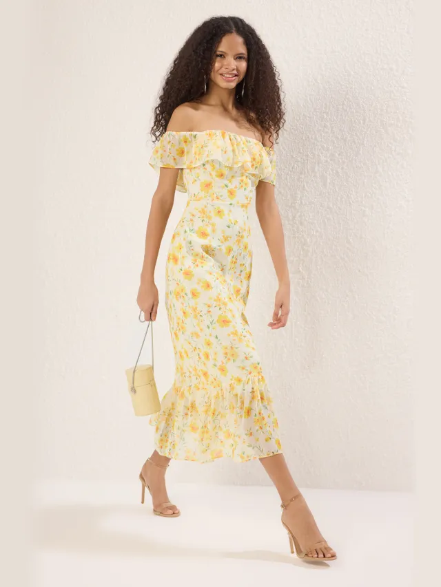 Trendyol TRENDYOLMİLLA Dames Geel Bloemen Midi Mouwloos Avond / Dagelijks A-lijn Jurken