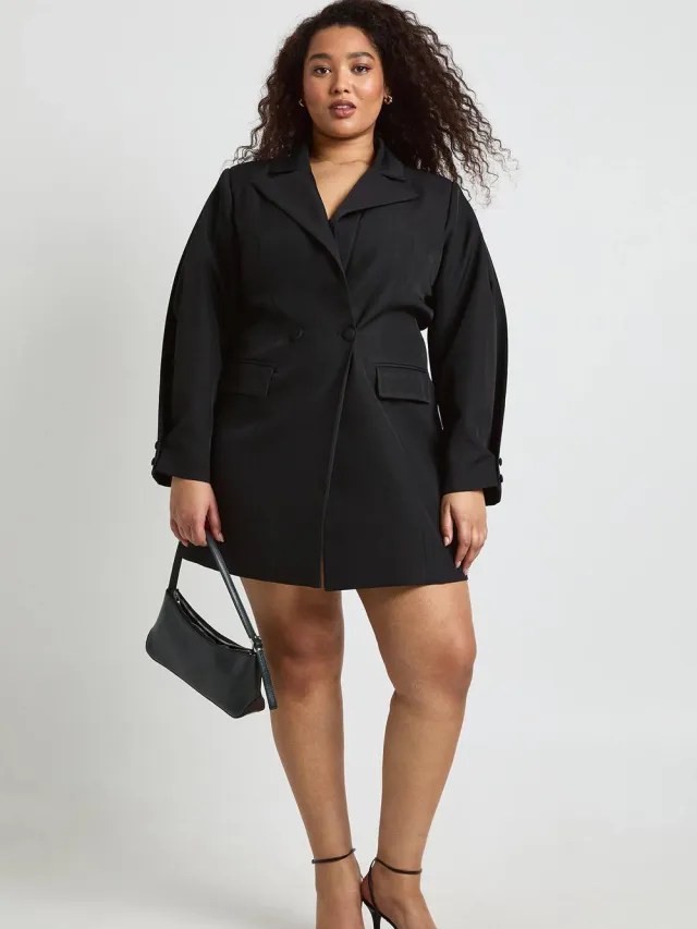 boohoo Dames Plus Naaddetail Ballonmouw Mini Jurk Zwart