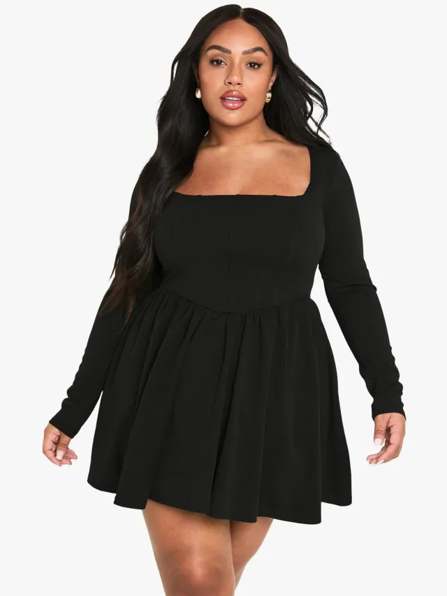 boohoo Dames Plus Korset Detail Skater Jurk Zwart