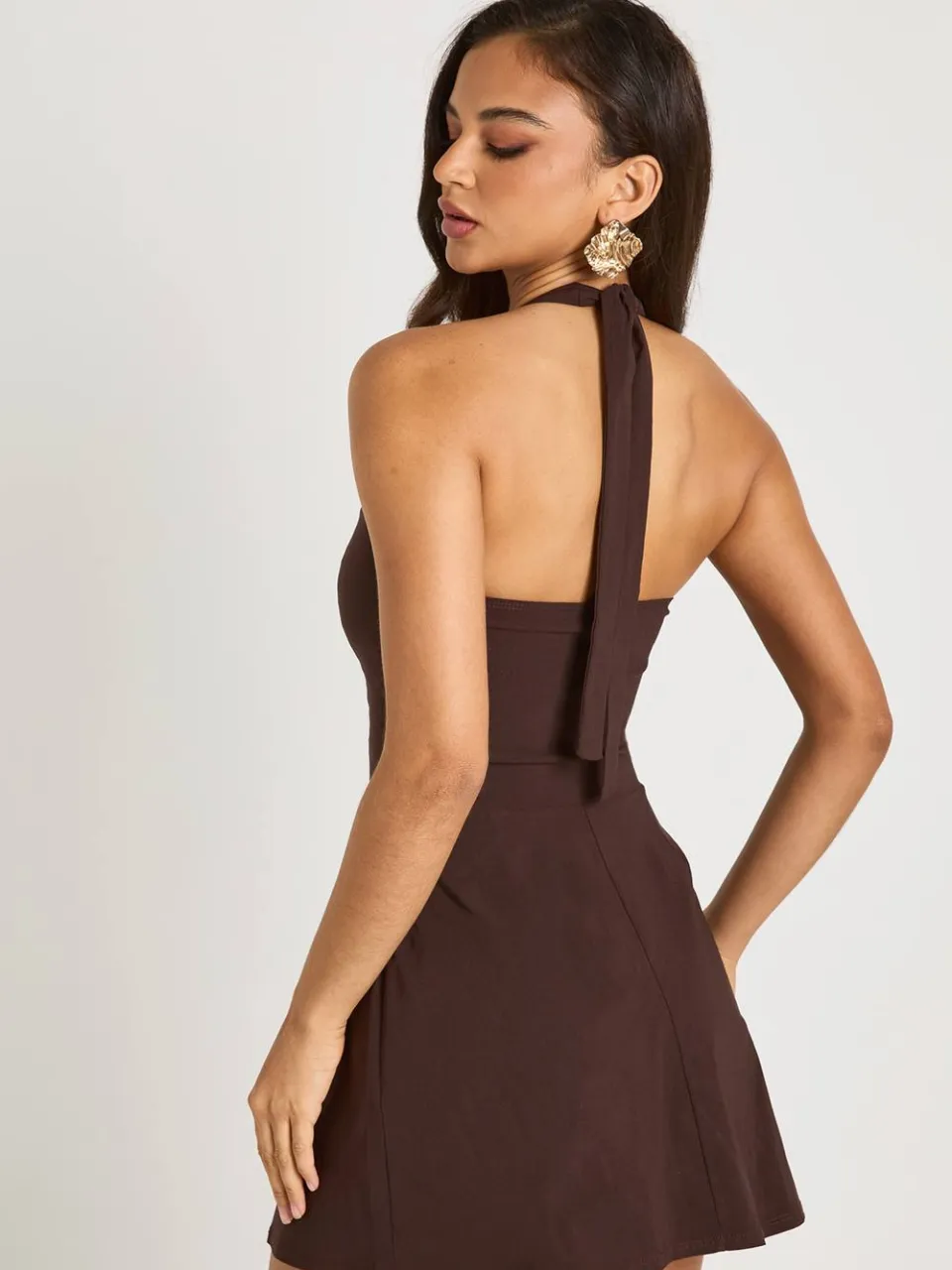 boohoo Dames Bengaline skaterjurk met vierkante halslijn chocoladebruin, foto 2
