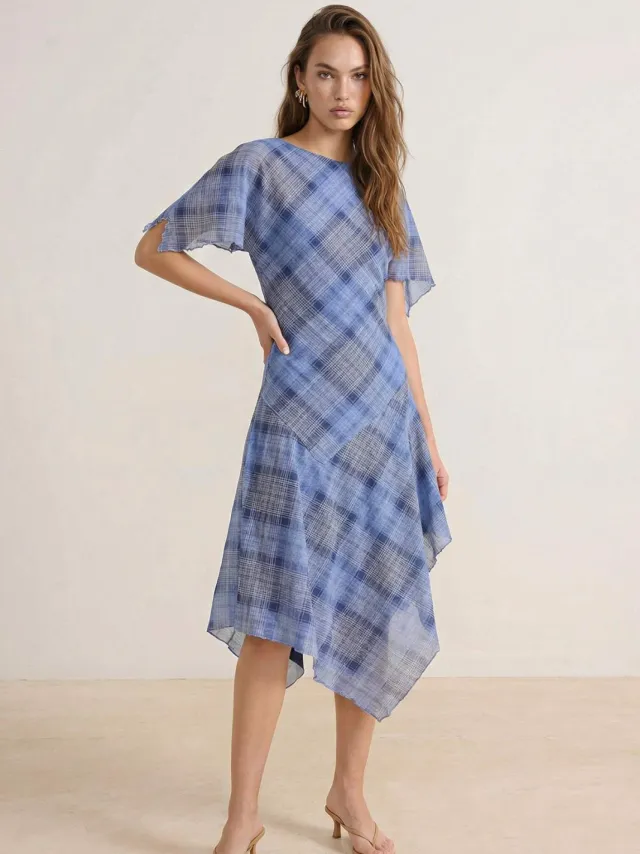 Trendyol TRENDYOLMİLLA Dames Meerkleurig Geruit Midi Kort Casual Asymmetrisch Jurken Veelkleurig