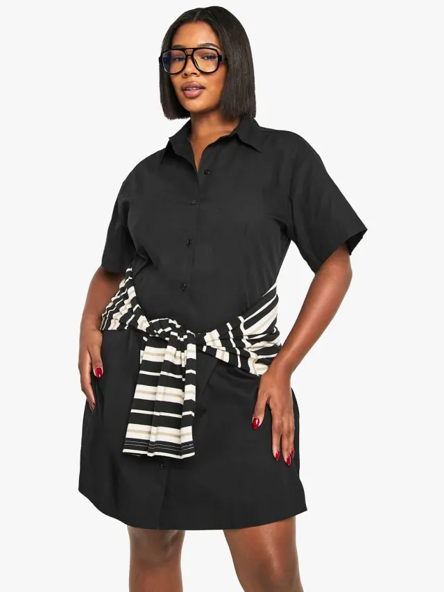 boohoo Dames Plus Poplin Getailleerde Shirtjurk Zwart