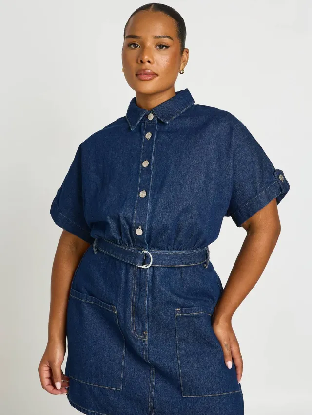 boohoo Dames Plus Denim Utility Riem Shift Jurk Indigo