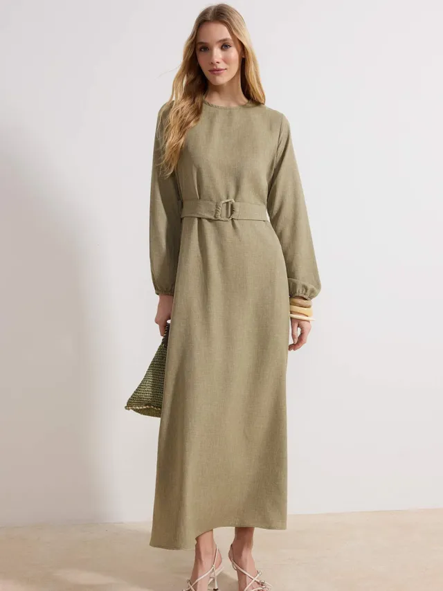 Trendyol Modest Dames Kaki Effen Maxi Lang Casual Skater Modest Jurken