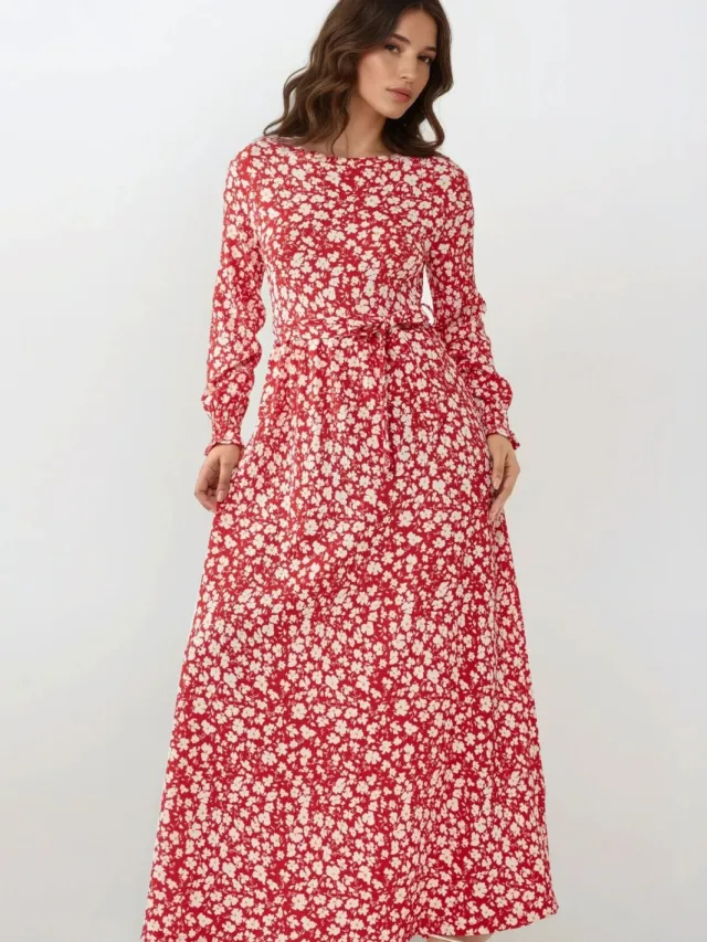 Hiccup Bloemige Maxi Jurk met Ronde Hals en Ceintuur Rood