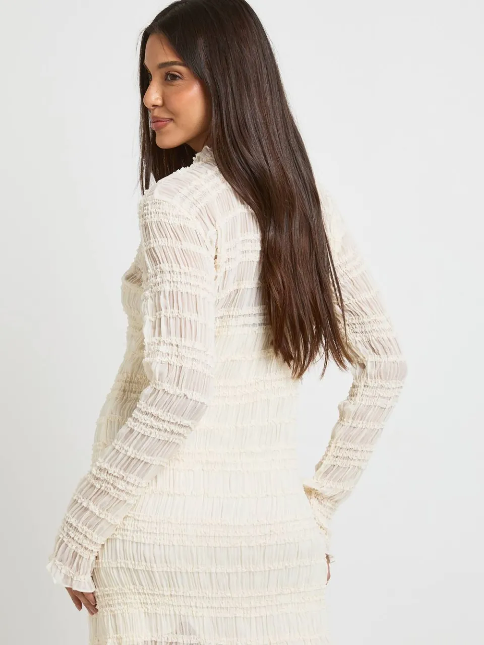boohoo Dames Gestructureerde Chiffon Mini-jurk Met Lange Mouwen crème, foto 2