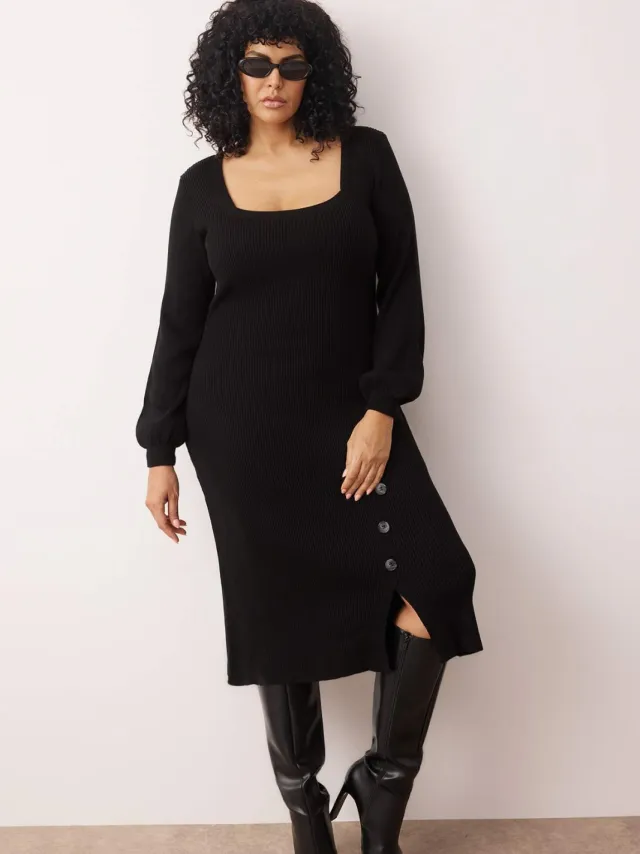 Trendyol Curve Dames Zwart Effen Midi Lang Casual Bodycon Grote maten Jurk