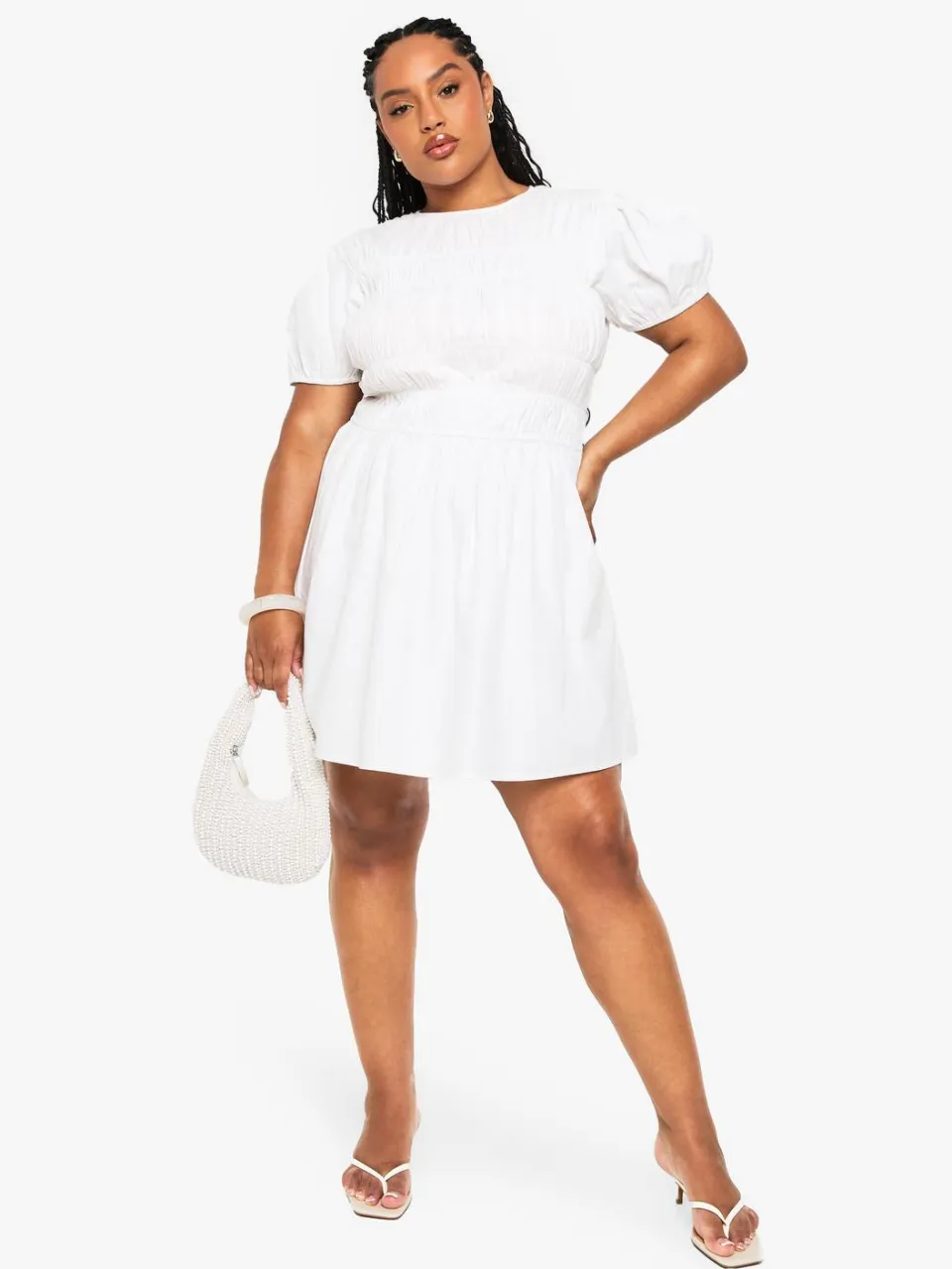 boohoo Dames Plus Cotton Shirred Skater Jurk wit, foto 3