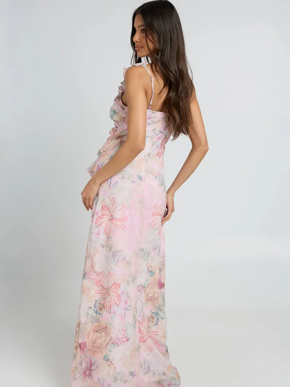 boohoo Dames Chiffon Bloemenprint Gerimpelde Taille Ruche Detail Maxi Jurk perzik, foto 2