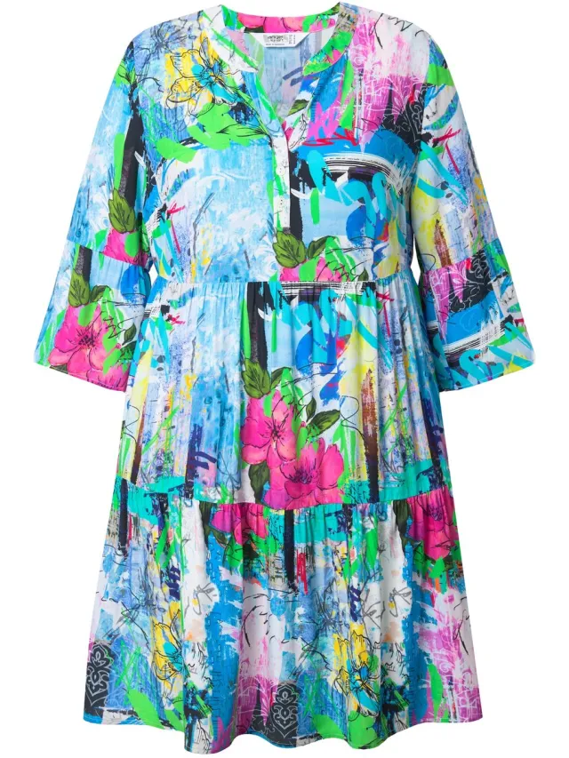 Angel of Style Dames - Jurk A-lijn graffitimotief volants - Blauw