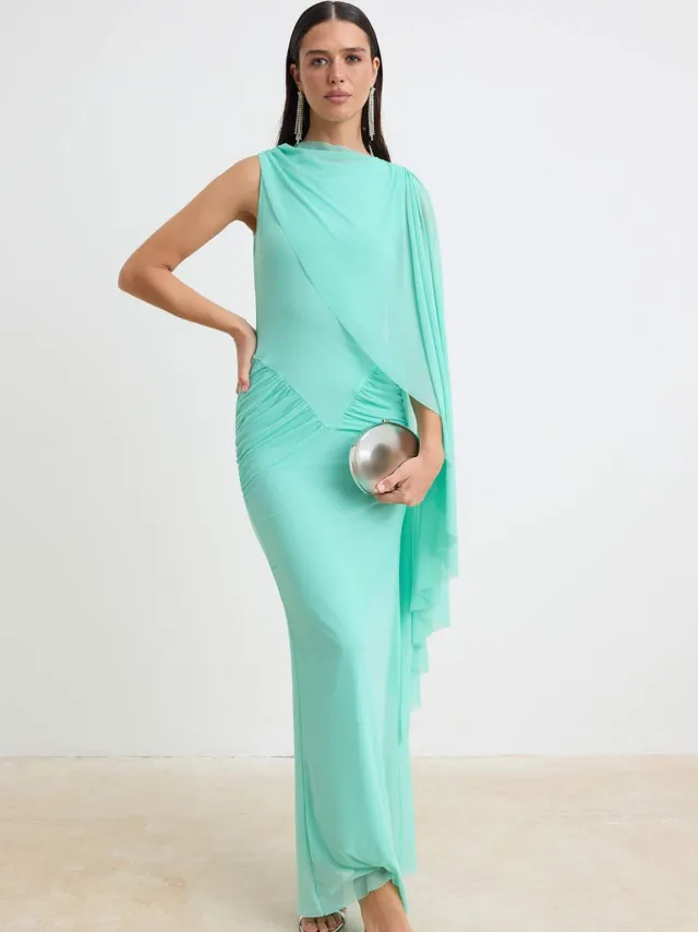 Trendyol TRENDYOLMİLLA Dames Groen Effen Maxi Mouwloos Diploma-uitreiking / Gala Recht Avond & Gala Jurk Mint