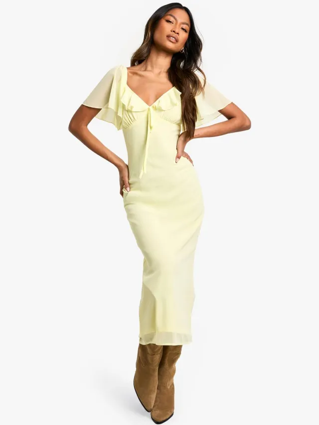 boohoo Dames Angel Sleeve Chiffon Midaxi Jurk Citroen
