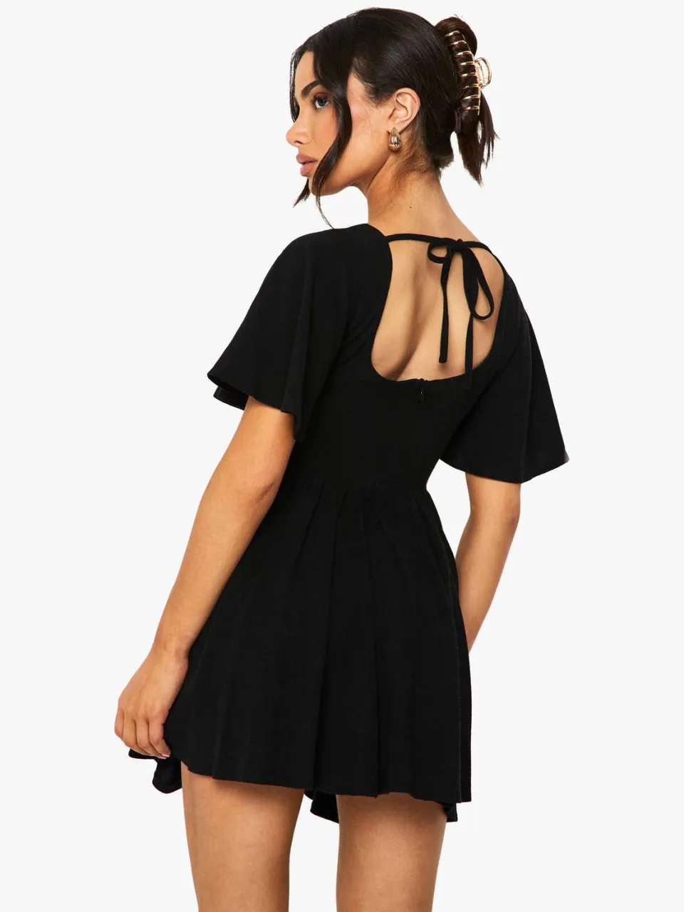 boohoo Dames Petite Linen Mix Korset Engelmouw Skaterjurk zwart, foto 2