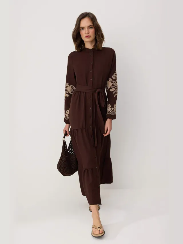 Trendyol Modest Dames Bruin Geborduurd Maxi Lang Casual Skater Modest Jurken