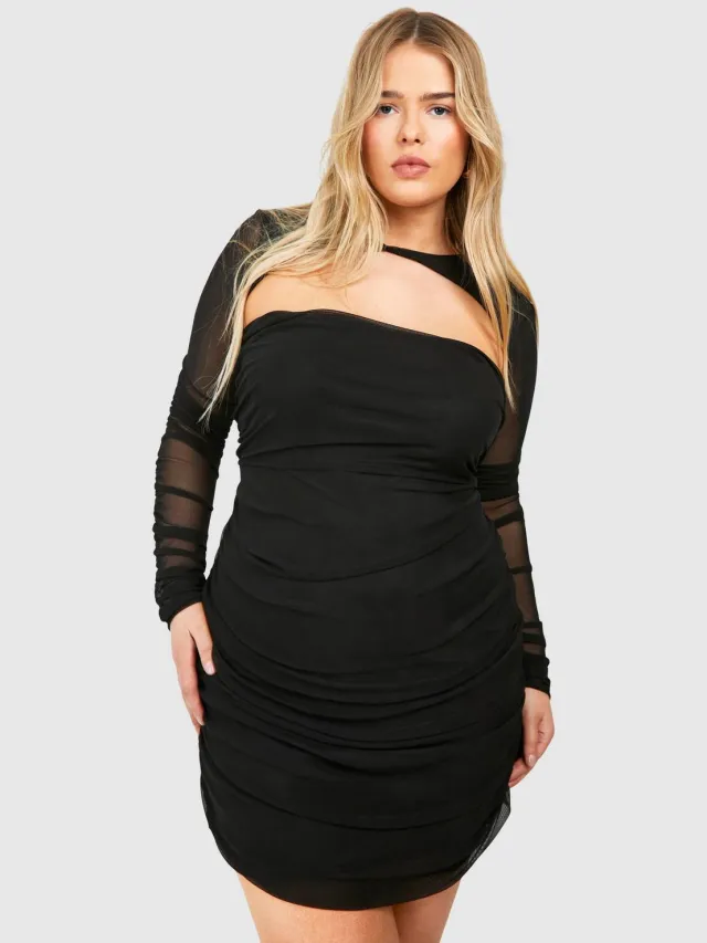 boohoo Dames Plus Mesh Twist Detail Gerafelde Bodycon Jurk Zwart