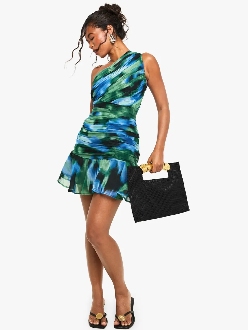 boohoo Dames Abstract bedrukte geplooide one-shoulder mini-jurk blauw, foto 3