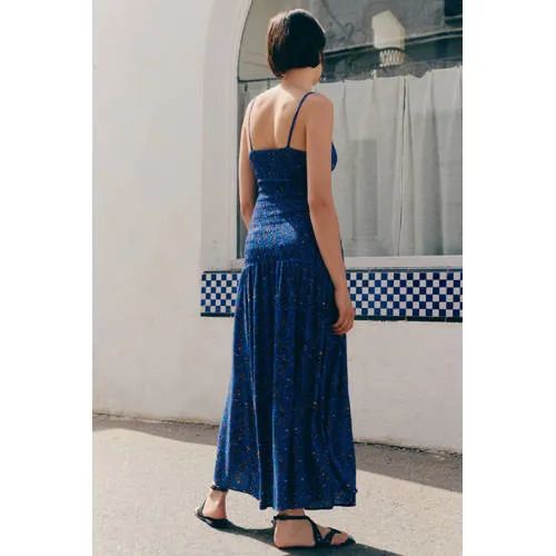 Mango maxi jurk met print en smockwerk marineblauw, foto 5