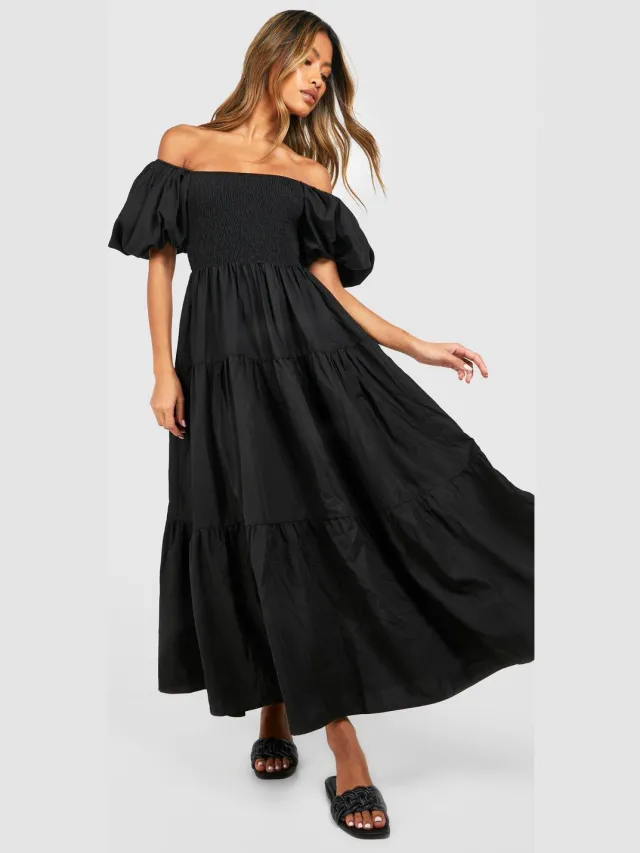 boohoo Dames Gelaagde Gerimpelde Midaxi Smockjurk Zwart