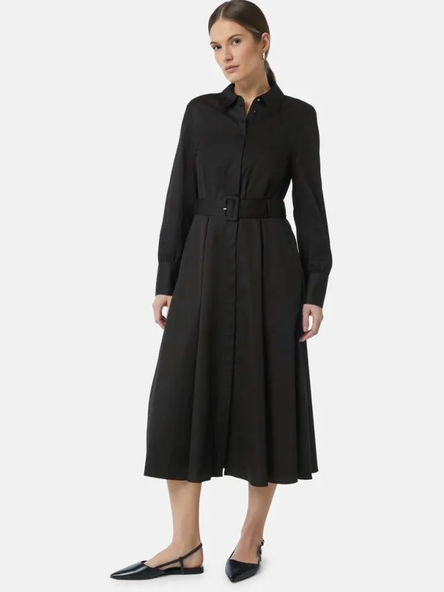Comma female - Popeline midi-jurk met riem en steekzakken zwart