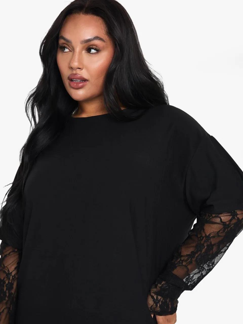 boohoo Dames Plus kanten mouw oversized T-shirt jurk zwart, foto 4