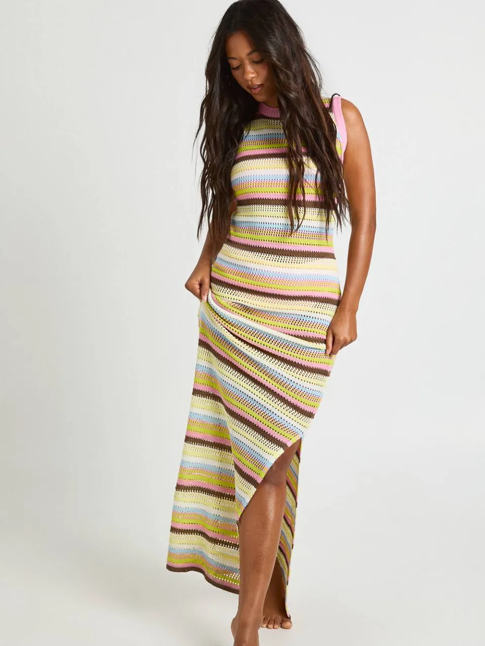 boohoo Dames Strand Gehaakte Racer Gebreide Maxi Jurk limoen, foto 2