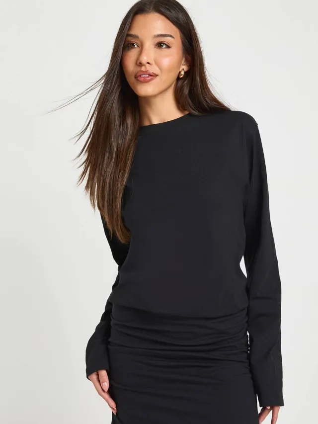 boohoo Dames Gerimpelde Lange Mouw T-shirt Mini Jurk Zwart